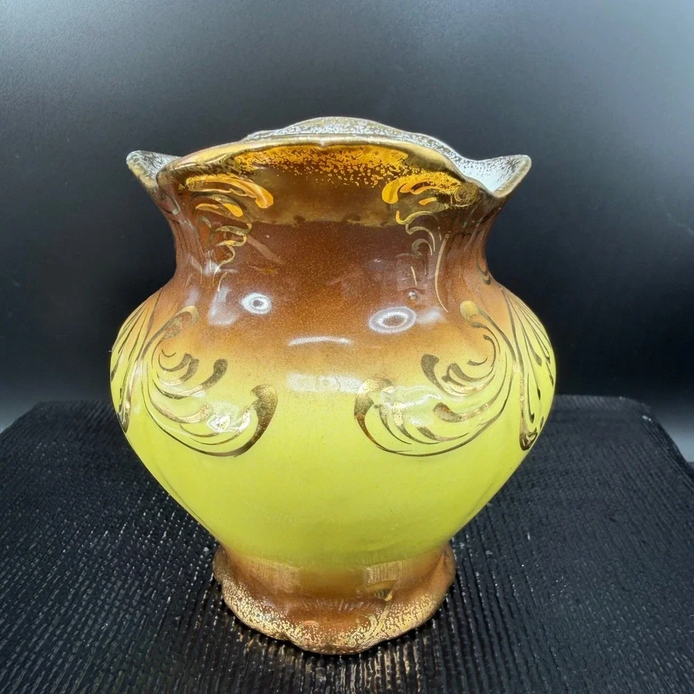 Vintage Verona VPCO Porcelain Vase Yellow Brown‎ Ombre Gold Gilt Filigree Vessel